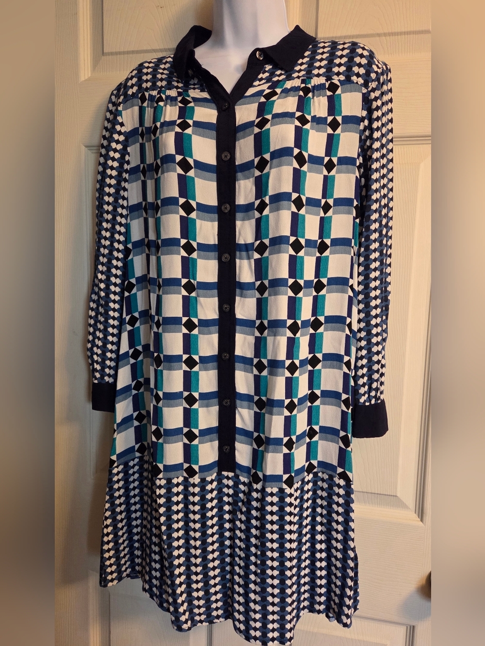 Anthropologie Maeve blue & white geometric print long-sleeve shirt dress Size 6